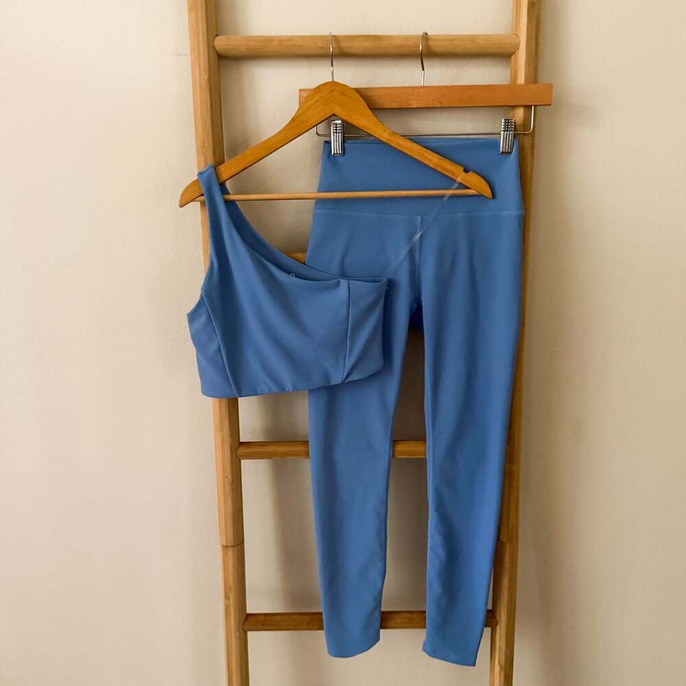 WILO Australia Blue Ribbed One Shoulder Sports Bra Leggings Set XS Yoga